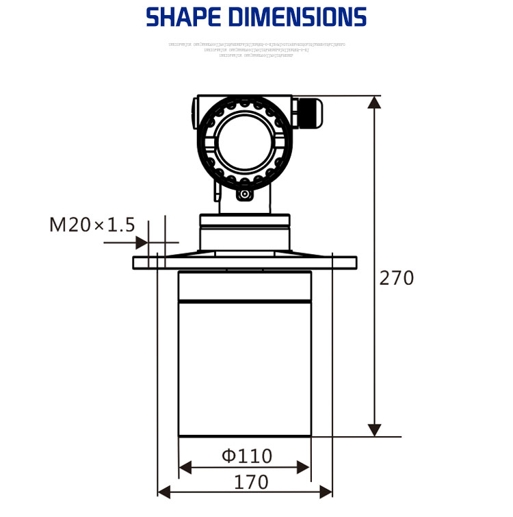 Dimensiones de la forma del medidor de nivel de material (líquido) ultrasónico con carcasa metálica YI2000E